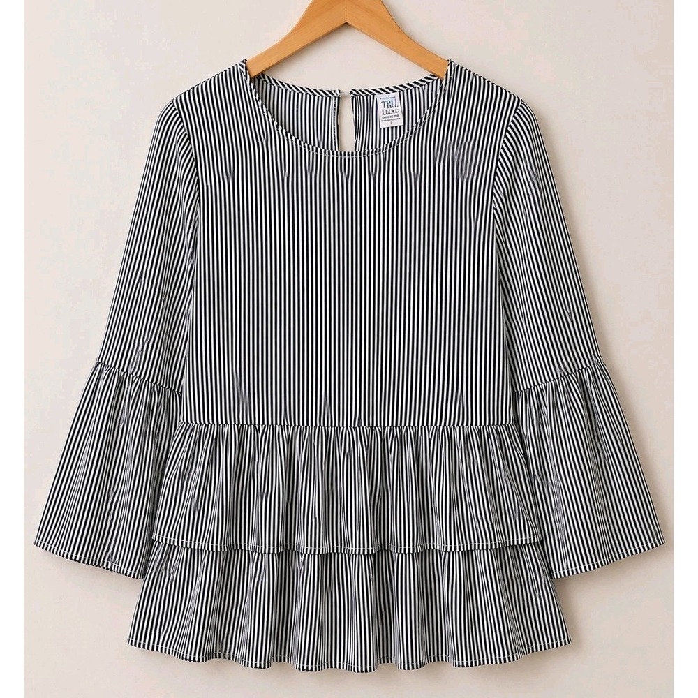 Striped Peplum Blouse Large Black White Bell Sleeve Boho Cottagecore Top L